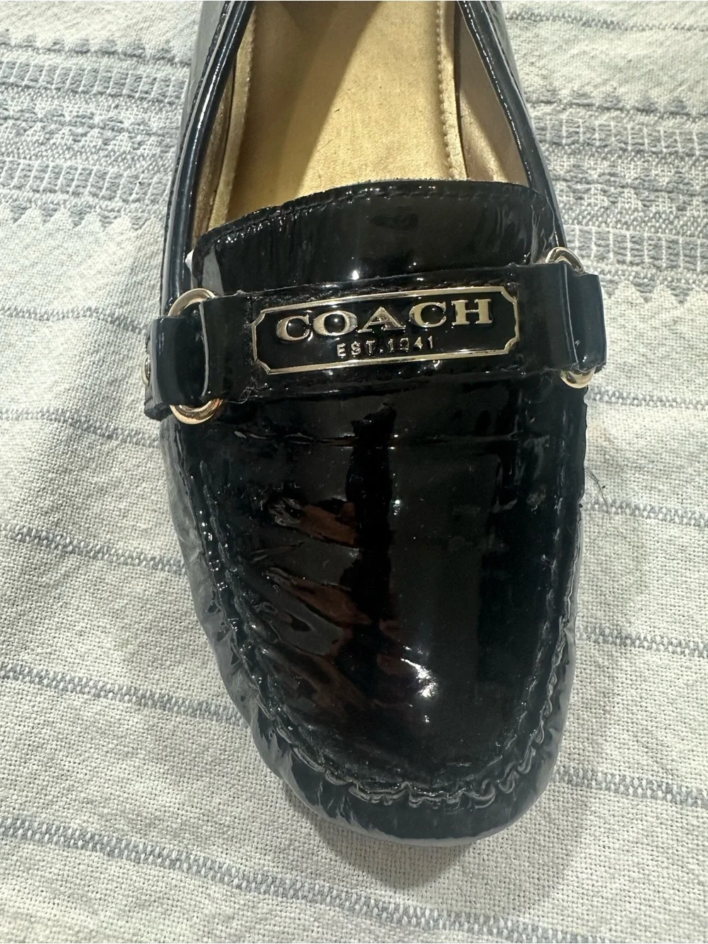 Coach Vintage Faye Black Patent Leather Logo Bit Loafers Sz 10